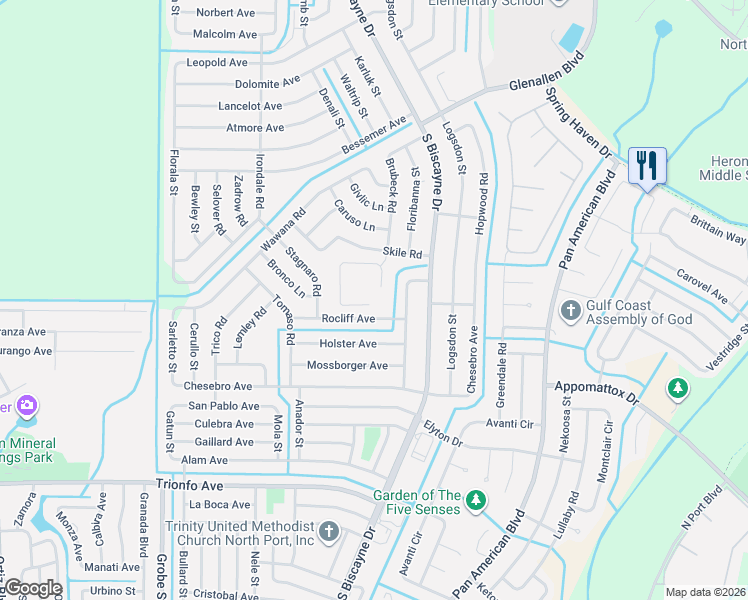 map of restaurants, bars, coffee shops, grocery stores, and more near 2695 Gisela Road in North Port