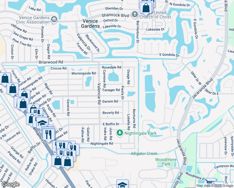 map of restaurants, bars, coffee shops, grocery stores, and more near 921 East Seminole Drive in Venice