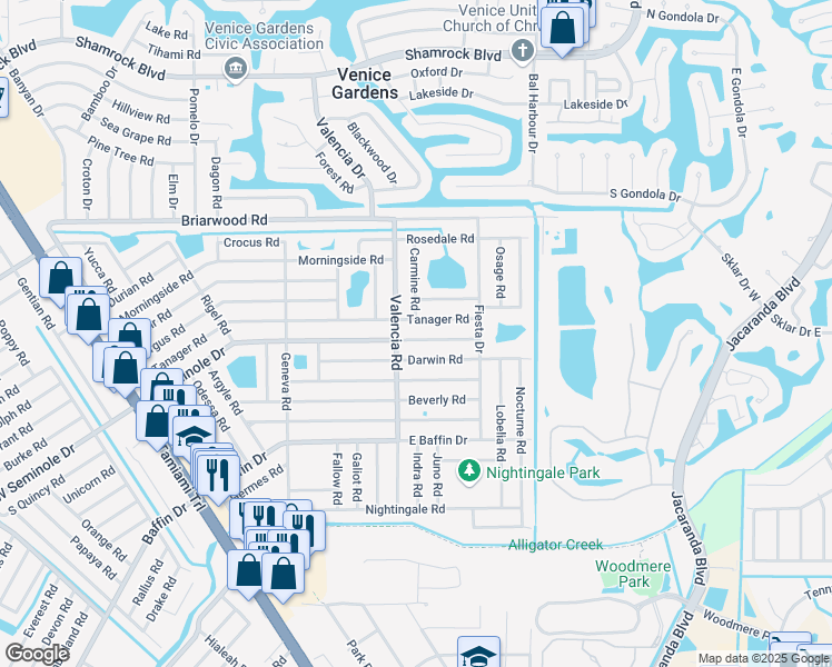 map of restaurants, bars, coffee shops, grocery stores, and more near 823 East Seminole Drive in Venice