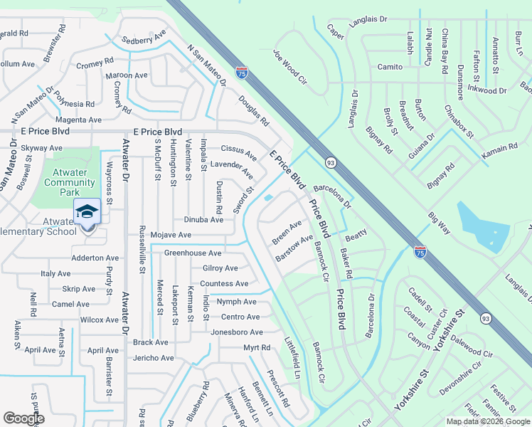 map of restaurants, bars, coffee shops, grocery stores, and more near 5196 Bannock Circle in North Port