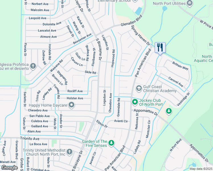 map of restaurants, bars, coffee shops, grocery stores, and more near 2696 Logsdon Street in North Port