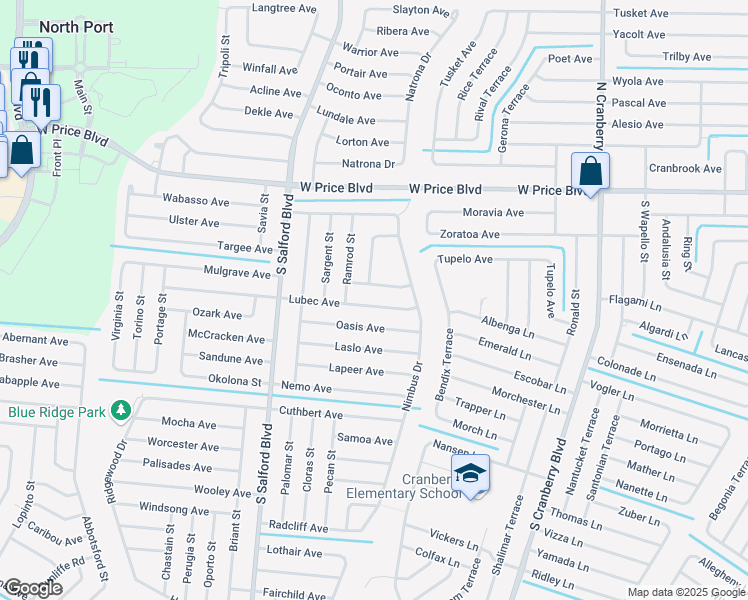 map of restaurants, bars, coffee shops, grocery stores, and more near 3622 Lubec Avenue in North Port