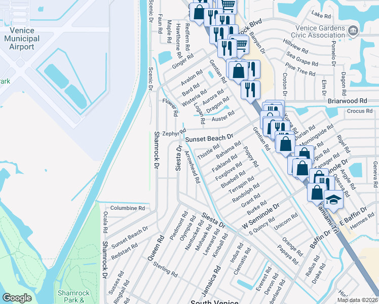 map of restaurants, bars, coffee shops, grocery stores, and more near 2765 Arrowhead Road in Venice