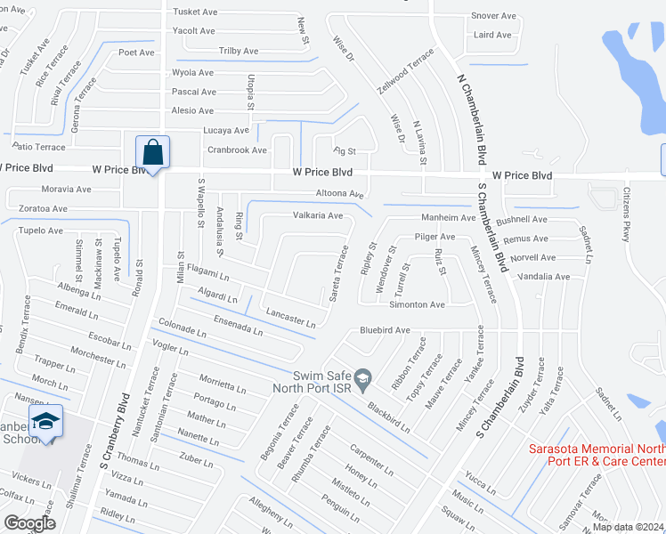 map of restaurants, bars, coffee shops, grocery stores, and more near 1345 Sareta Terrace in North Port