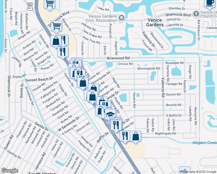 map of restaurants, bars, coffee shops, grocery stores, and more near 252 Argus Road in Venice