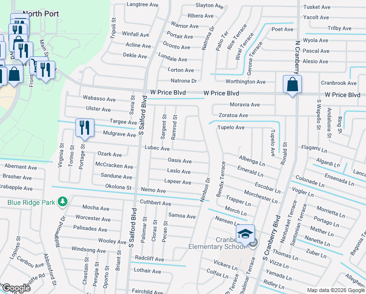 map of restaurants, bars, coffee shops, grocery stores, and more near 3622 Lubec Avenue in North Port