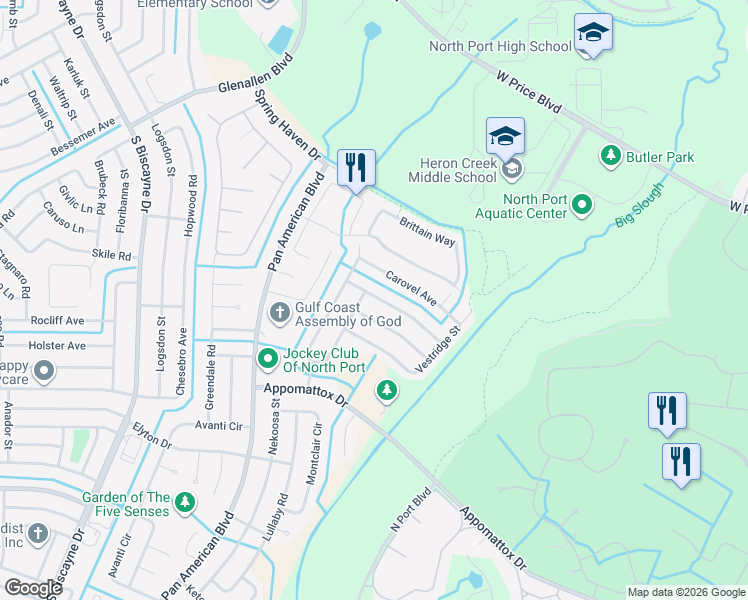 map of restaurants, bars, coffee shops, grocery stores, and more near 6763 Dennison Avenue in North Port