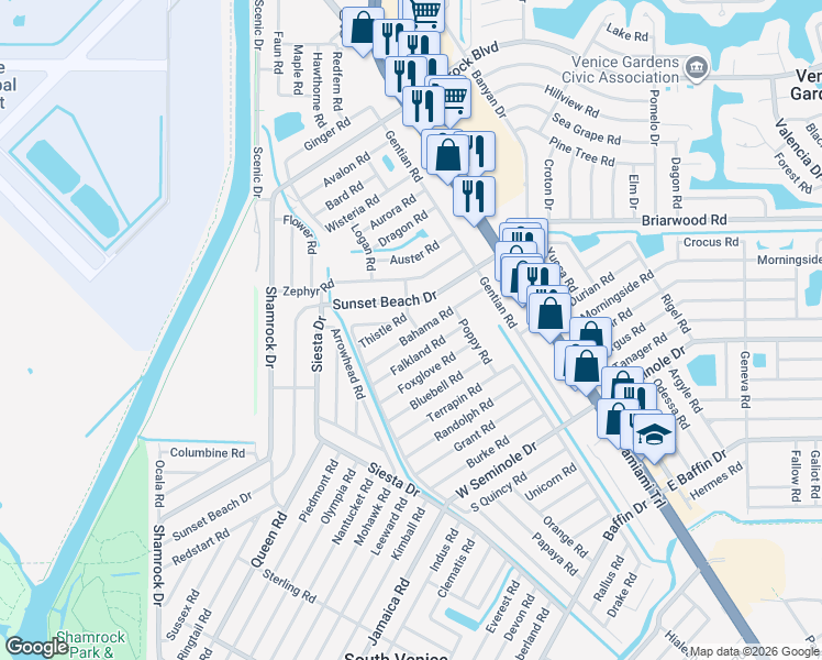 map of restaurants, bars, coffee shops, grocery stores, and more near 440 Bahama Road in Venice