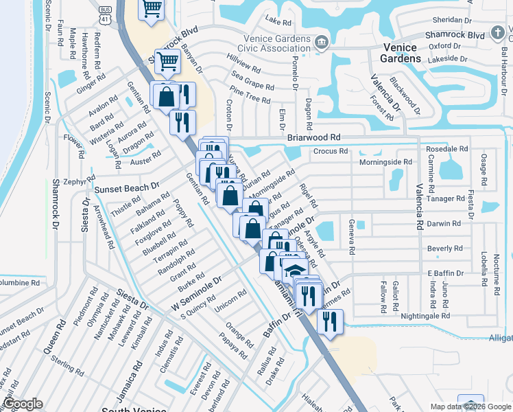 map of restaurants, bars, coffee shops, grocery stores, and more near 156 Altair Road in Venice
