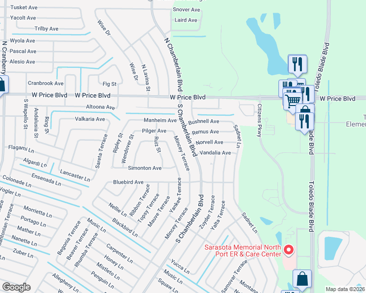 map of restaurants, bars, coffee shops, grocery stores, and more near 1534 Mincey Terrace in North Port