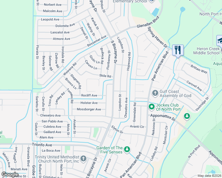 map of restaurants, bars, coffee shops, grocery stores, and more near 2683 South Biscayne Drive in North Port