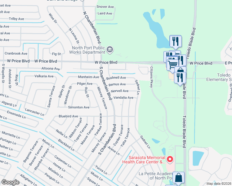 map of restaurants, bars, coffee shops, grocery stores, and more near 1594 South Chamberlain Boulevard in North Port