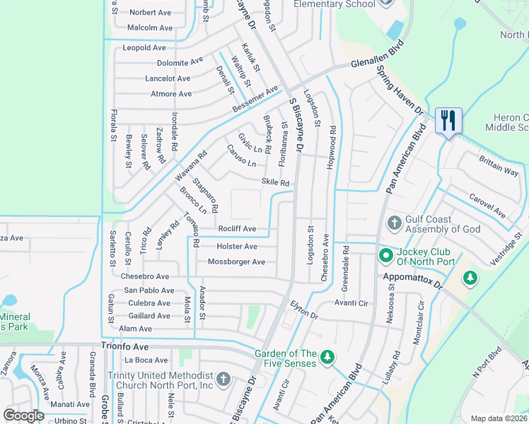 map of restaurants, bars, coffee shops, grocery stores, and more near 2695 Gisela Road in North Port
