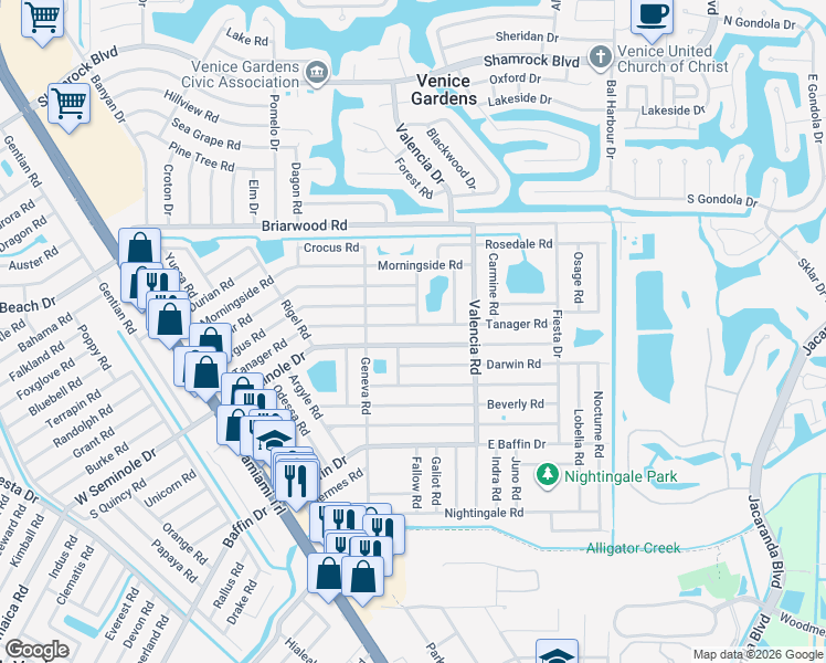 map of restaurants, bars, coffee shops, grocery stores, and more near 625 East Seminole Drive in Venice