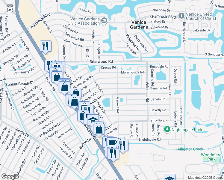 map of restaurants, bars, coffee shops, grocery stores, and more near 441 East Seminole Drive in Venice