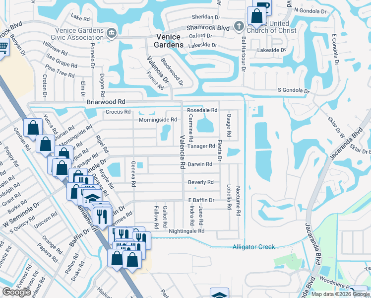 map of restaurants, bars, coffee shops, grocery stores, and more near 823 East Seminole Drive in Venice