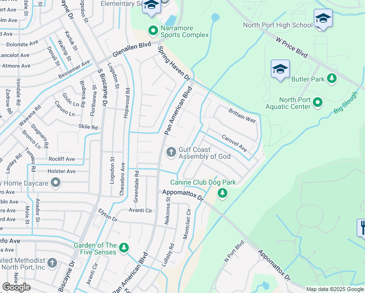 map of restaurants, bars, coffee shops, grocery stores, and more near 2605 Roxbury Circle in North Port