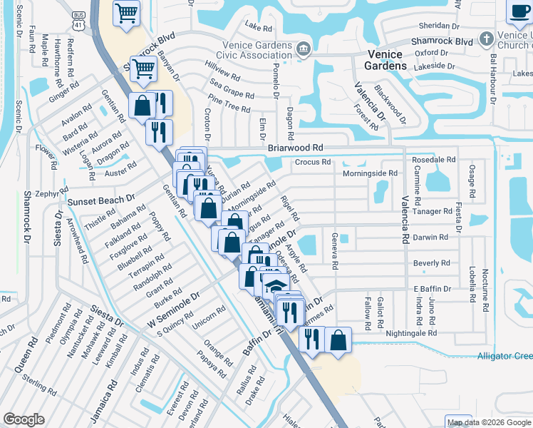 map of restaurants, bars, coffee shops, grocery stores, and more near 252 Argus Road in Venice