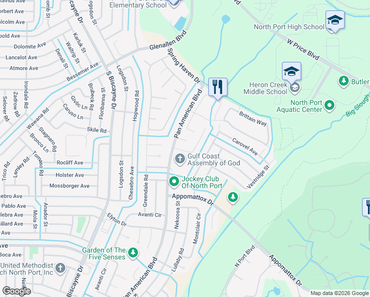map of restaurants, bars, coffee shops, grocery stores, and more near 2604 Roxbury Circle in North Port