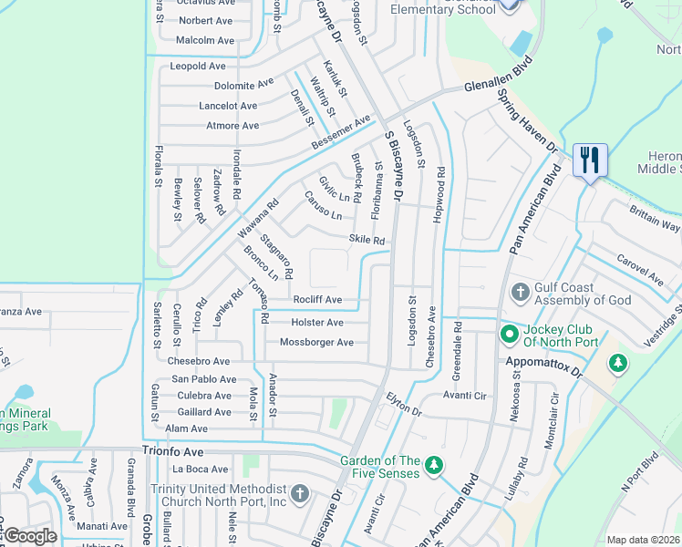 map of restaurants, bars, coffee shops, grocery stores, and more near 2695 Gisela Road in North Port