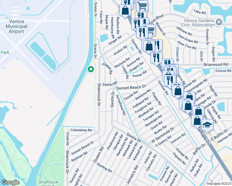 map of restaurants, bars, coffee shops, grocery stores, and more near 2765 Arrowhead Road in Venice
