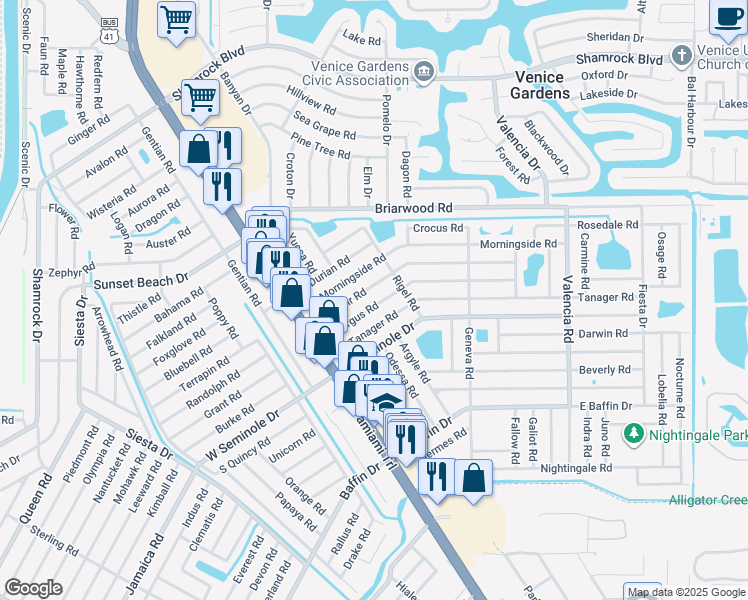 map of restaurants, bars, coffee shops, grocery stores, and more near 247 Argus Road in Venice