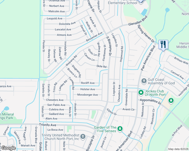 map of restaurants, bars, coffee shops, grocery stores, and more near 2695 Gisela Road in North Port