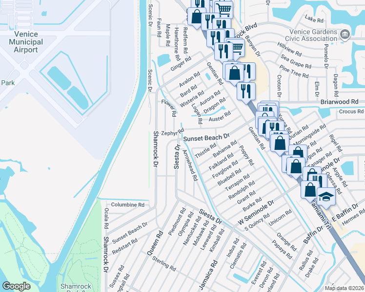 map of restaurants, bars, coffee shops, grocery stores, and more near 2765 Arrowhead Road in Venice