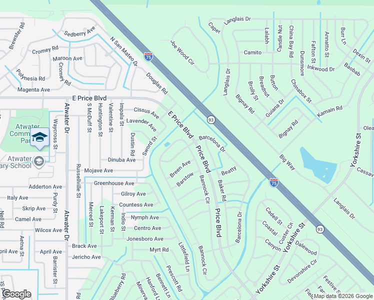 map of restaurants, bars, coffee shops, grocery stores, and more near 5945 Bannock Circle in North Port
