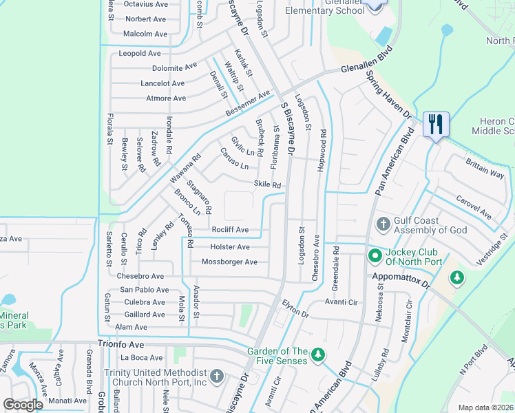 map of restaurants, bars, coffee shops, grocery stores, and more near 2695 Gisela Road in North Port
