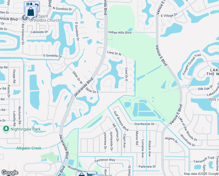 map of restaurants, bars, coffee shops, grocery stores, and more near 1118 Sklar Drive East in Venice
