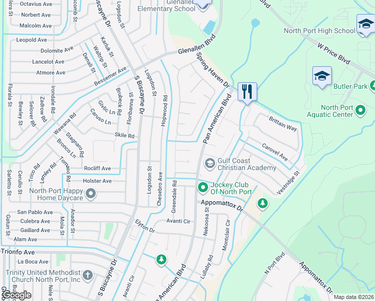 map of restaurants, bars, coffee shops, grocery stores, and more near 7127 Gurley Court in North Port
