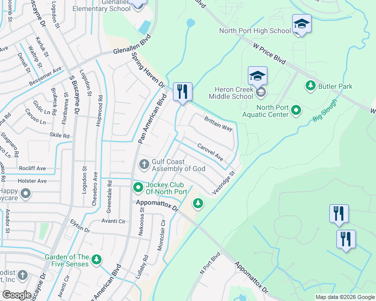 map of restaurants, bars, coffee shops, grocery stores, and more near 6763 Dennison Avenue in North Port