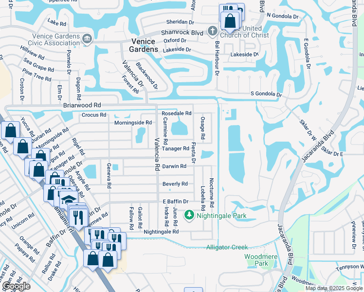 map of restaurants, bars, coffee shops, grocery stores, and more near 921 East Seminole Drive in Venice