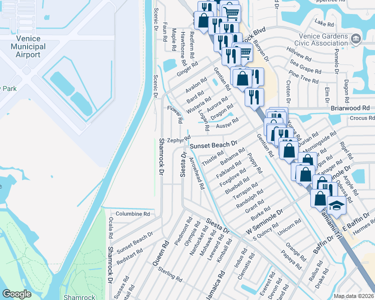 map of restaurants, bars, coffee shops, grocery stores, and more near 2721 Siesta Drive in Venice