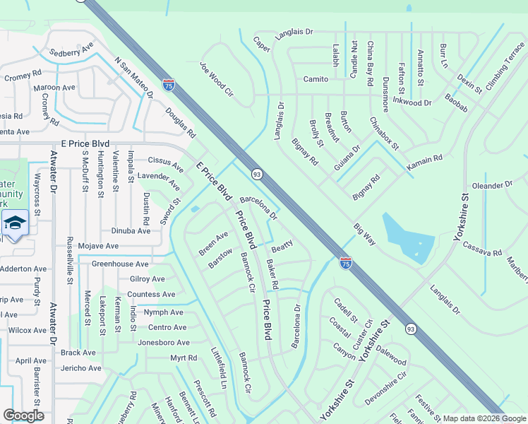 map of restaurants, bars, coffee shops, grocery stores, and more near 5257 Barcelona Drive in North Port