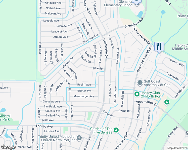 map of restaurants, bars, coffee shops, grocery stores, and more near 8148 Skile Road in North Port