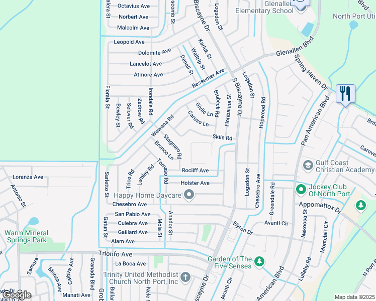 map of restaurants, bars, coffee shops, grocery stores, and more near 8260 Skile Road in North Port
