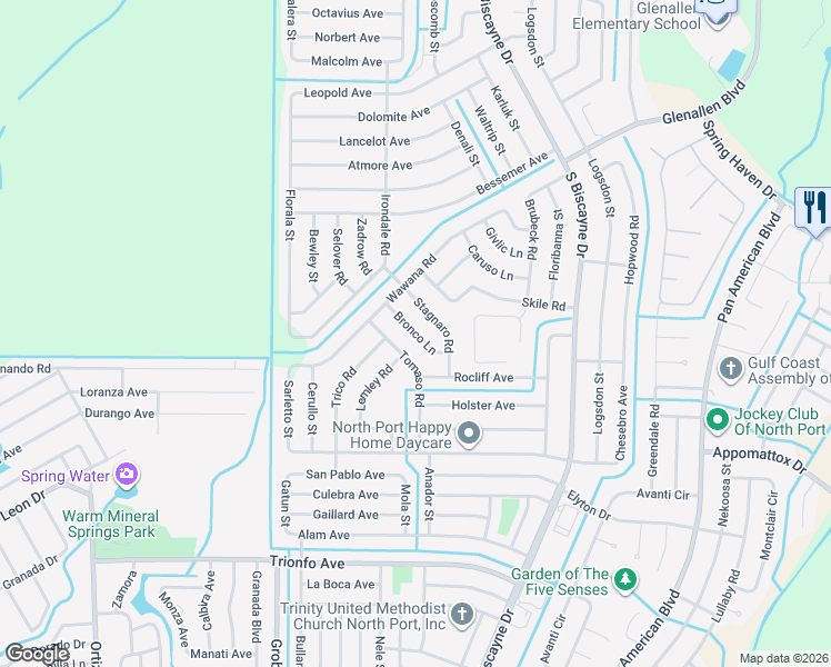 map of restaurants, bars, coffee shops, grocery stores, and more near 2310 Bronco Lane in North Port