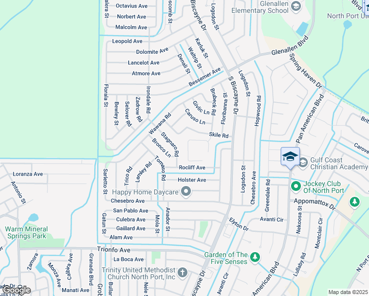 map of restaurants, bars, coffee shops, grocery stores, and more near 8260 Skile Road in North Port