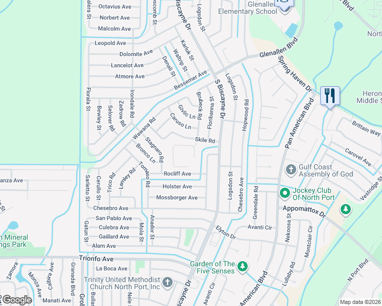map of restaurants, bars, coffee shops, grocery stores, and more near 8148 Skile Road in North Port