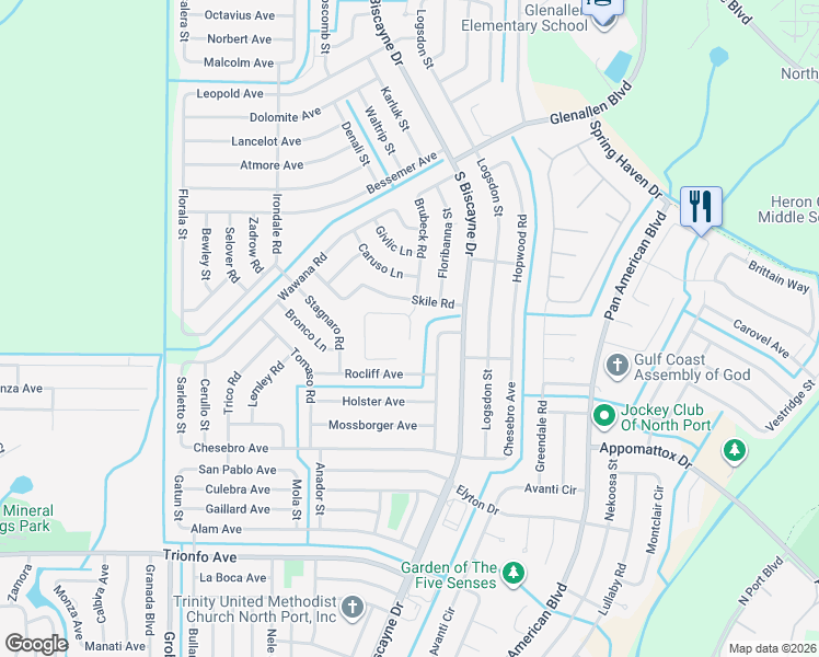 map of restaurants, bars, coffee shops, grocery stores, and more near 8148 Skile Road in North Port