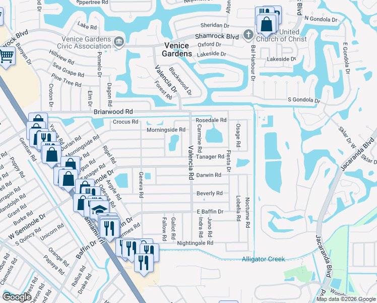 map of restaurants, bars, coffee shops, grocery stores, and more near 2645 Serpula Road in Venice