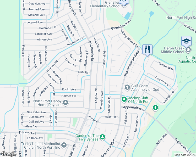 map of restaurants, bars, coffee shops, grocery stores, and more near 2520 Logsdon Street in North Port
