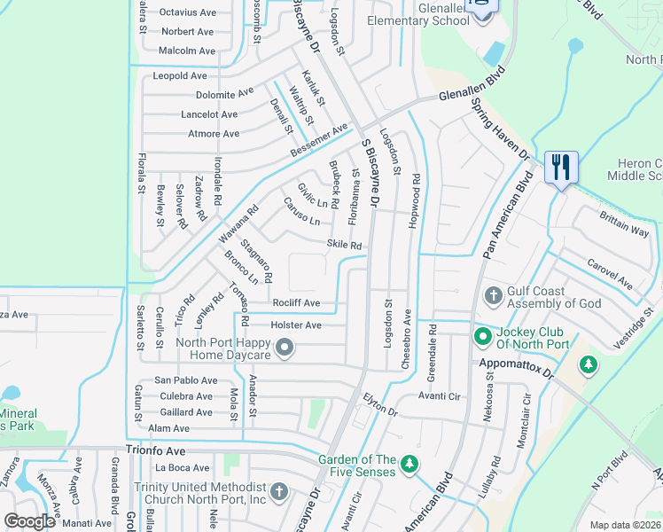 map of restaurants, bars, coffee shops, grocery stores, and more near 8148 Skile Road in North Port