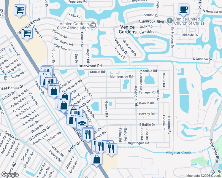 map of restaurants, bars, coffee shops, grocery stores, and more near 590 Argus Road in Venice