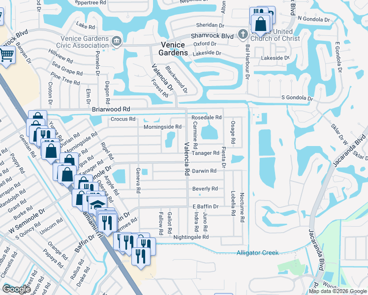 map of restaurants, bars, coffee shops, grocery stores, and more near 2645 Serpula Road in Venice