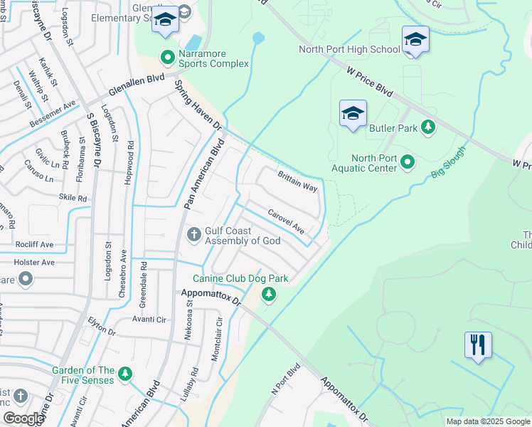 map of restaurants, bars, coffee shops, grocery stores, and more near 6847 Carovel Avenue in North Port