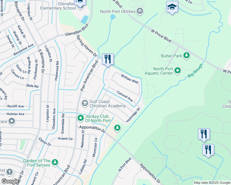 map of restaurants, bars, coffee shops, grocery stores, and more near 6876 Carovel Avenue in North Port