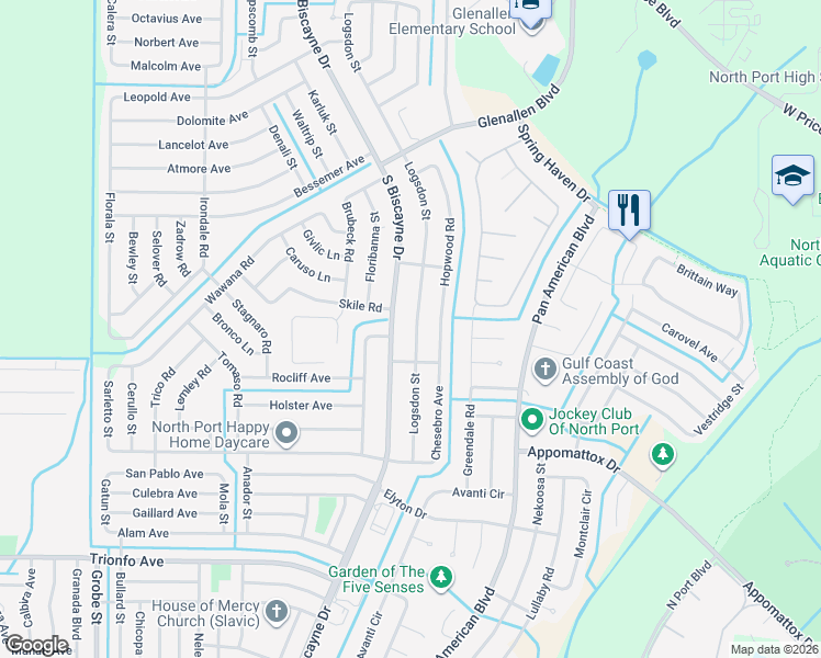 map of restaurants, bars, coffee shops, grocery stores, and more near 2520 Logsdon Street in North Port